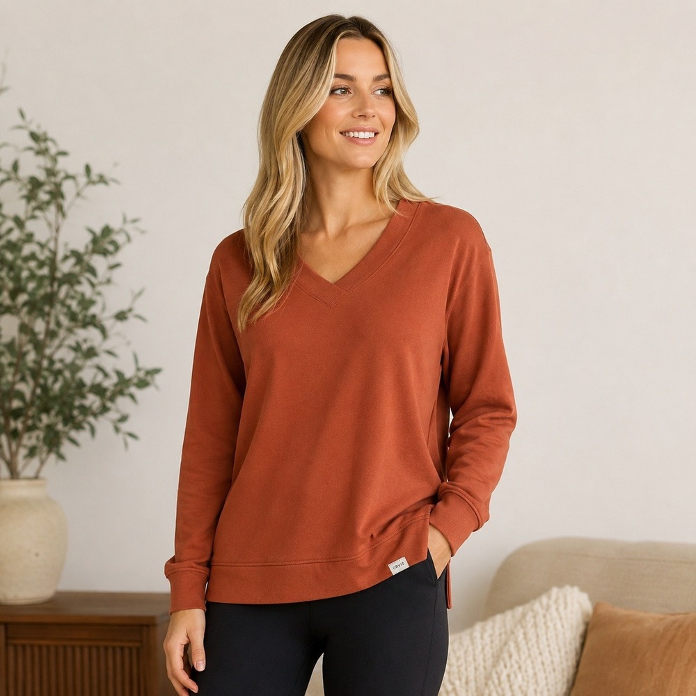 Orvis Classic Collection Modal Blend V Neck Sweatshirt Rust Orange Size‎ L